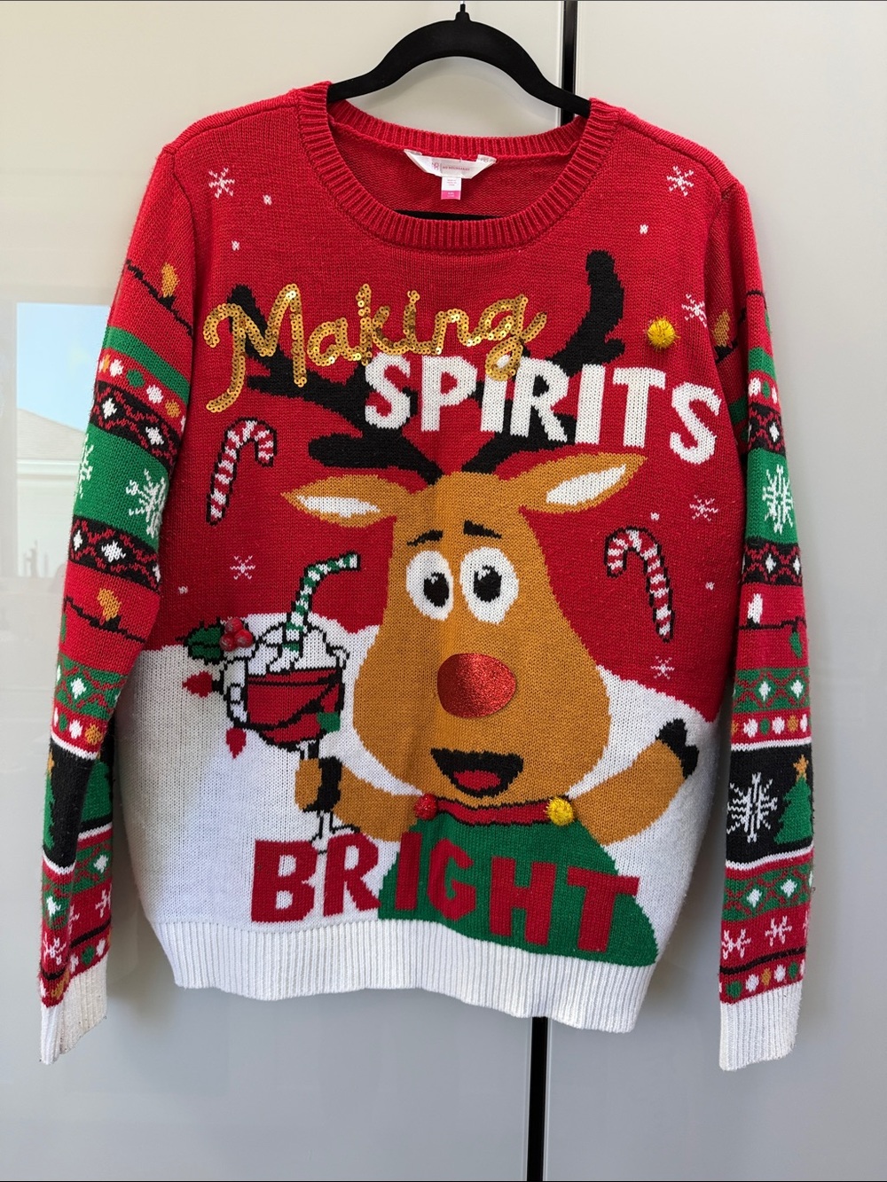 No Boundaries Red and Green Reindeer 'Making Spirits Bright' Sweater